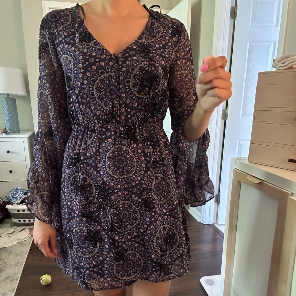 Blue rain bell sleeve mini dress